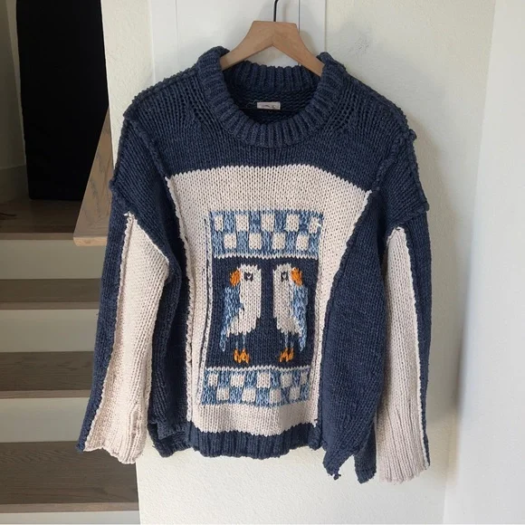 Anthropologie Pilcro Chunky Crew-Neck Sweater in Navy Blue / White - Picture 3 of 6